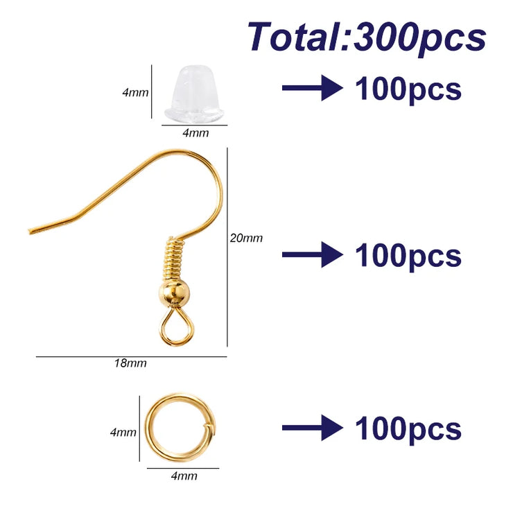 300Pcs Earrings Set Hypoallergenic Earring Hooks Jump Rings Clear Rubber Earring Backs For Jewelry Making Findings Accessories
